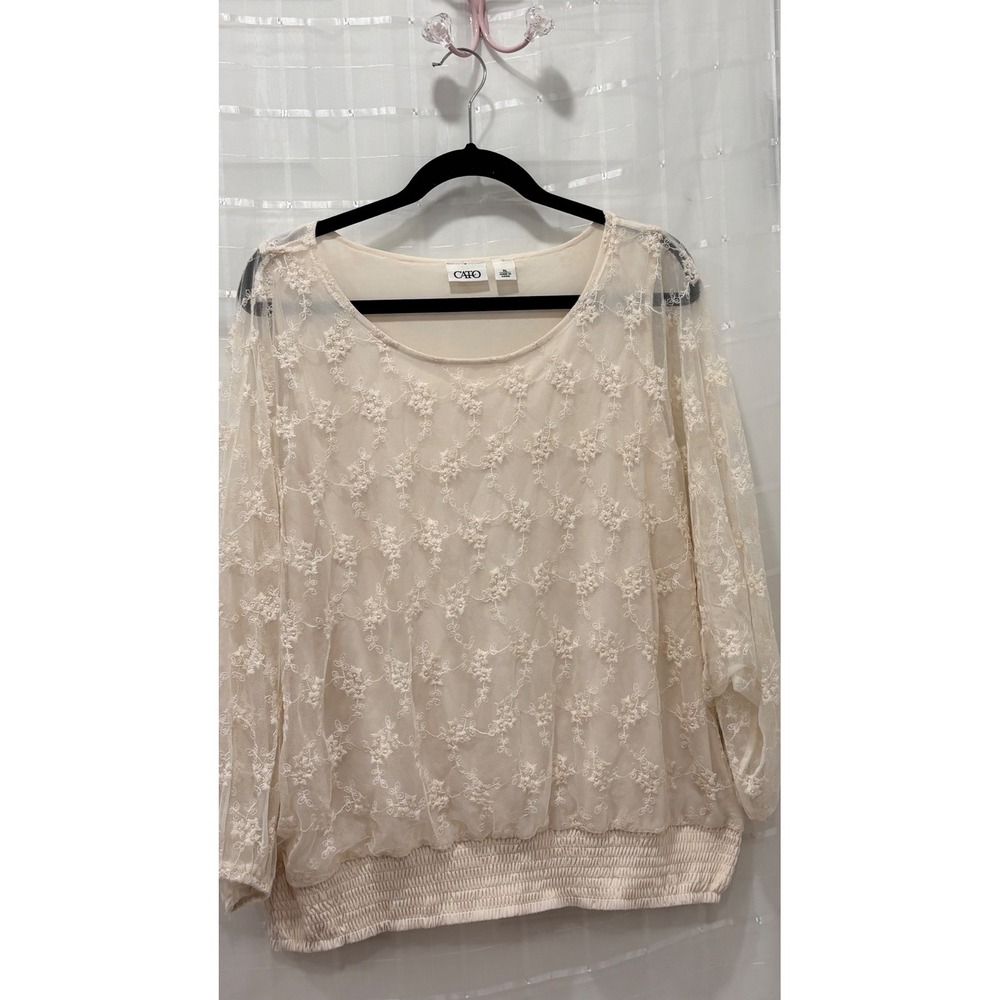 Cato Women XL Cream Ivory Floral Lace Batwing Sleeve Smocked Hem Blouse Top
